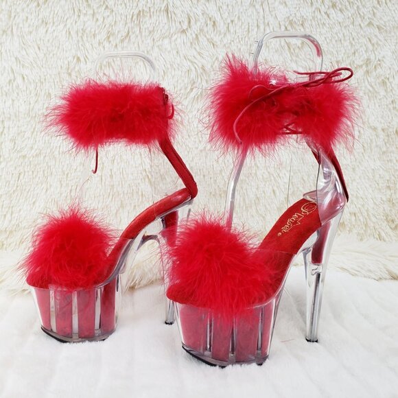 Red Furry Marabou Feather 7" High Heel Platform Shoe - Picture 3 of 15